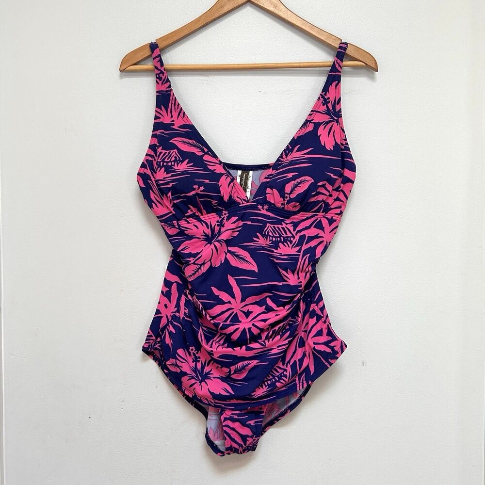 Tommy Bahama Floral One‎ Piece Swimsuit Ruched Tummy Control Pink Blue 12